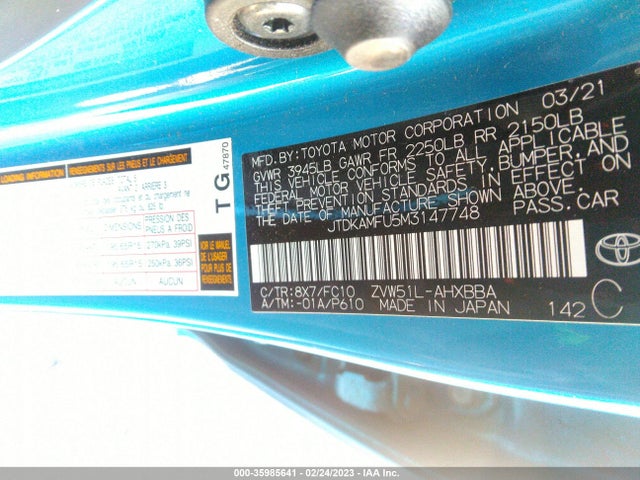 2021 Toyota Prius, VIN: JTDKAMFU5M3147748