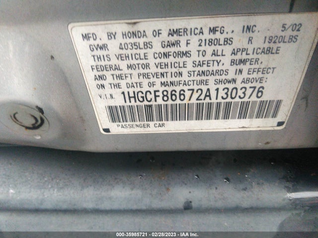 2002 HONDA ACCORD SDN VP VIN: 1HGCF86672A130376