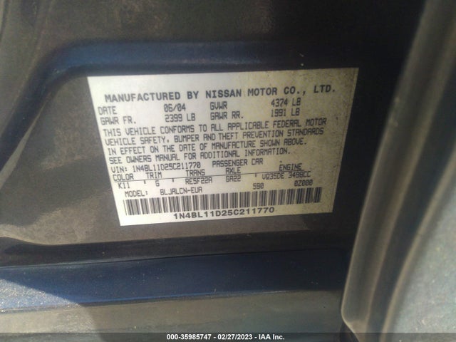 2005 NISSAN ALTIMA 3.5 SE VIN: 1N4BL11D25C211770