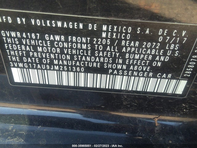 3VWG17AU9JM251360 Volkswagen GOLF S/SE