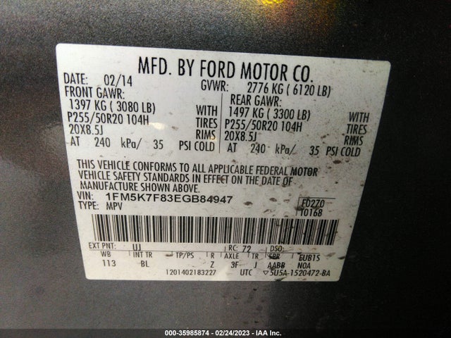 1FM5K7F83EGB84947 Ford Explorer Limited
