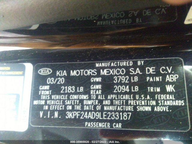 3KPF24AD9LE233187 KIA Forte Lxs