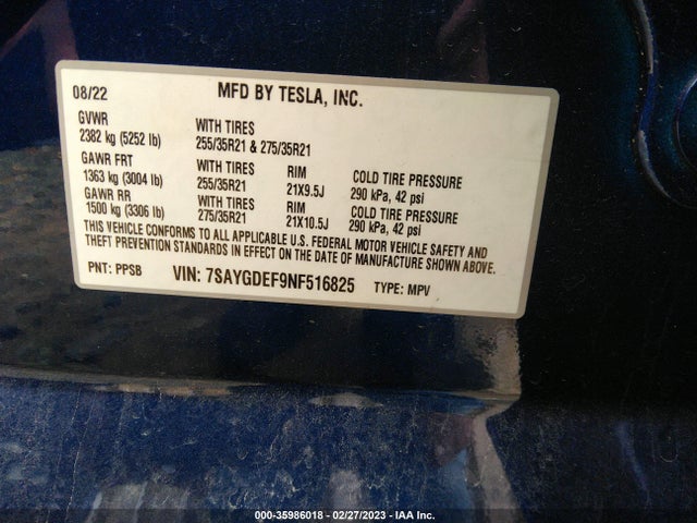2022 TESLA MODEL Y PERFORMANCE VIN: 7SAYGDEF9NF516825