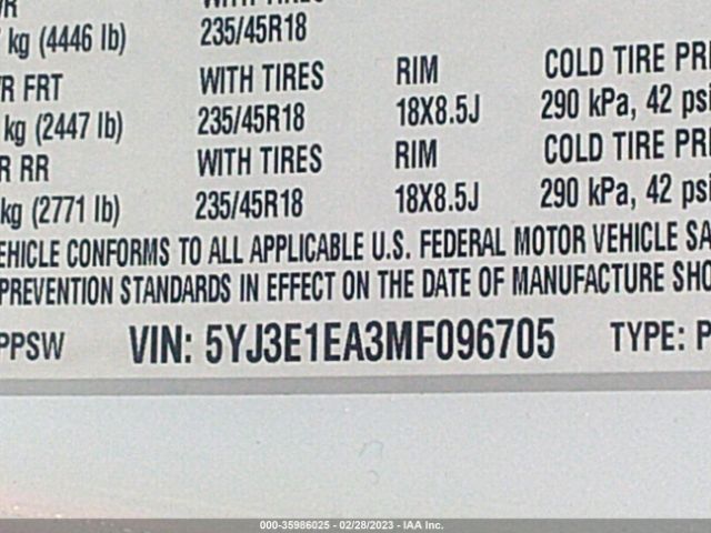 5YJ3E1EA3MF096705 Tesla Model 3 Standard Range Plus