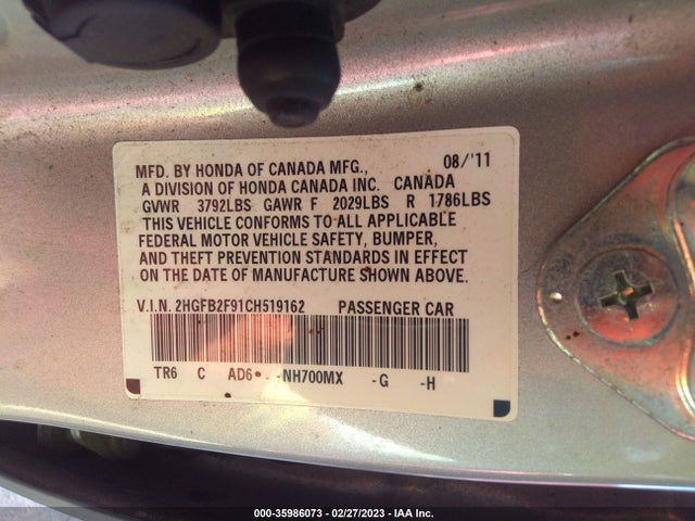 2012 HONDA CIVIC SDN EX-L VIN: 2HGFB2F91CH519162