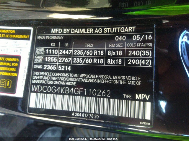 2016 Mercedes-Benz GLC-Class, VIN: WDC0G4KB4GF110262
