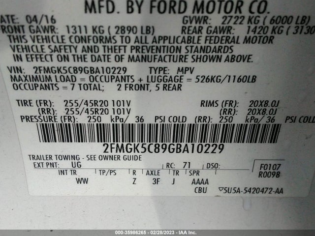 Ford FLEX SEL 2016 2FMGK5C89GBA10229 Image 11