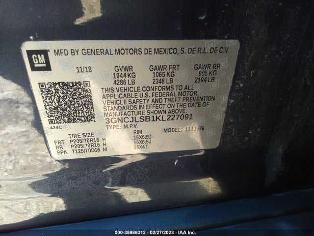 2019 Chevrolet Trax, VIN: 3GNCJLSB1KL227091