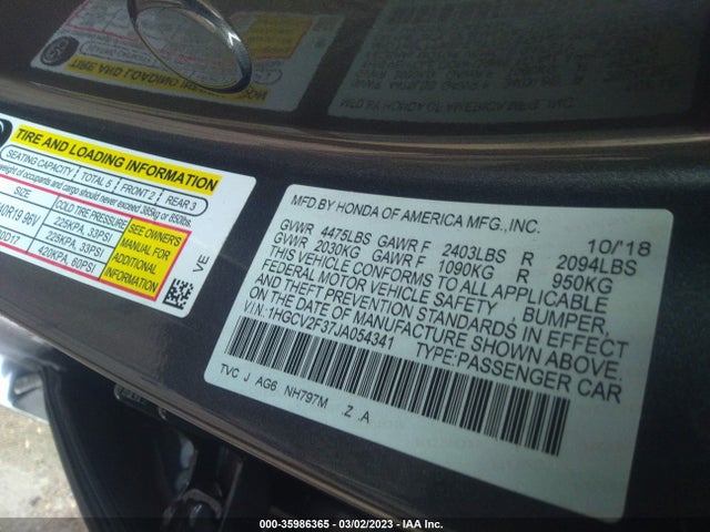 2018 HONDA ACCORD SEDAN SPORT 2.0T VIN: 1HGCV2F37JA054341