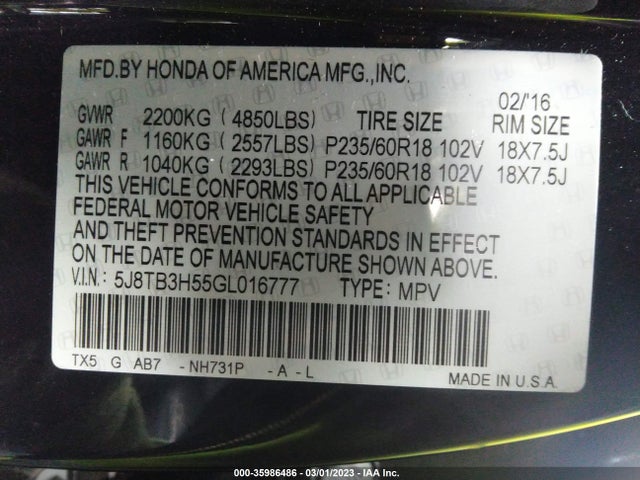 5J8TB3H55GL016777 Acura Rdx Tech Pkg/tech