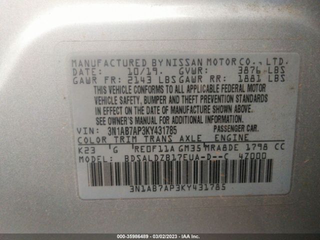 3N1AB7AP3KY431785 Nissan SENTRA SV