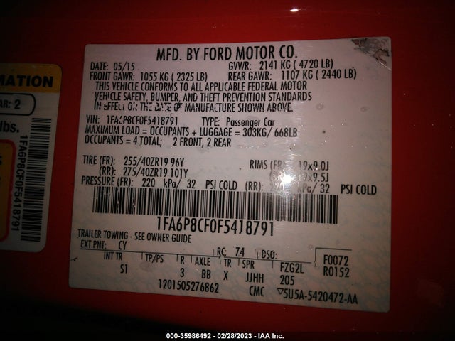 Ford MUSTANG GT 2015 1FA6P8CF0F5418791 Image 10