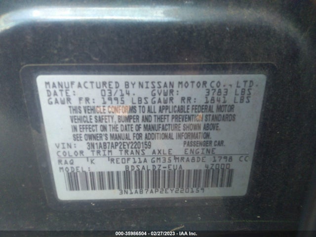 2014 NISSAN SENTRA SV VIN: 3N1AB7AP2EY220159