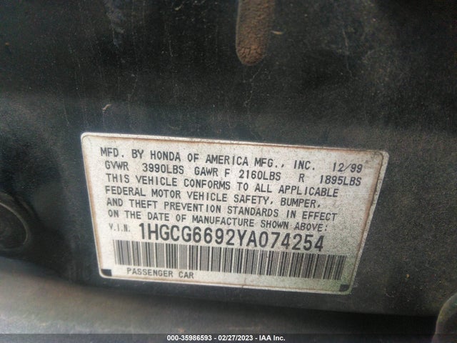 2000 HONDA ACCORD SDN SE VIN: 1HGCG6692YA074254