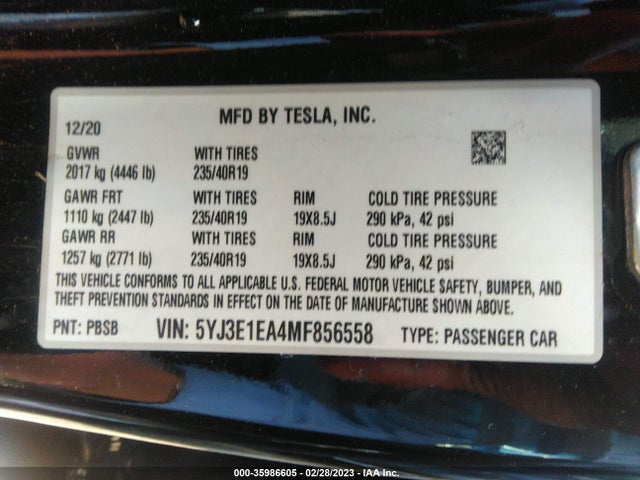 Tesla Model 3 Standard Range Plus 2021 5YJ3E1EA4MF856558 Image 11