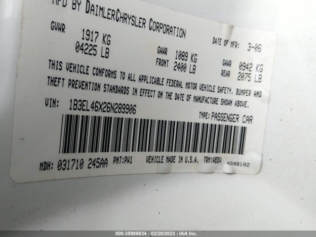 Dodge Stratus Sdn Sxt 2006 1B3EL46X26N289906 Image 10