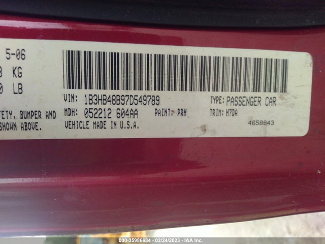 2007 DODGE CALIBER SXT VIN: 1B3HB48B97D549789