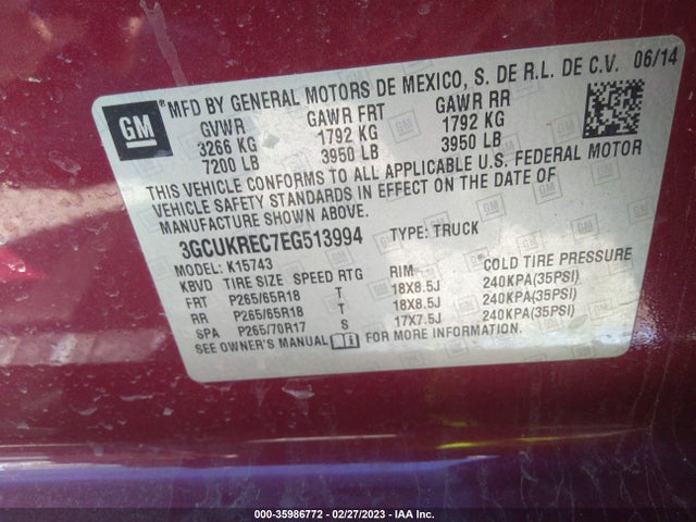 2014 CHEVROLET SILVERADO 1500 1LT VIN: 3GCUKREC7EG513994