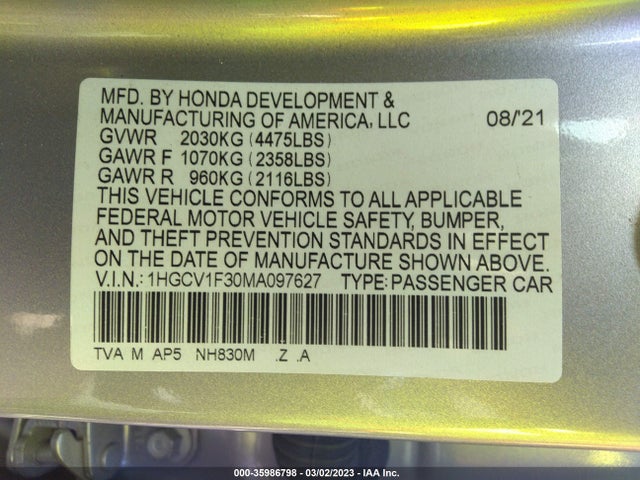 2021 HONDA ACCORD SEDAN VIN: 1HGCV1F30MA097627