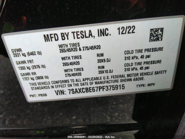 2023 Tesla Model X, VIN: 7SAXCBE67PF375915