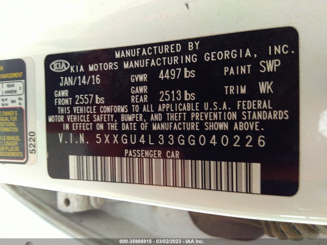 2016 Kia Optima, VIN: 5XXGU4L33GG040226