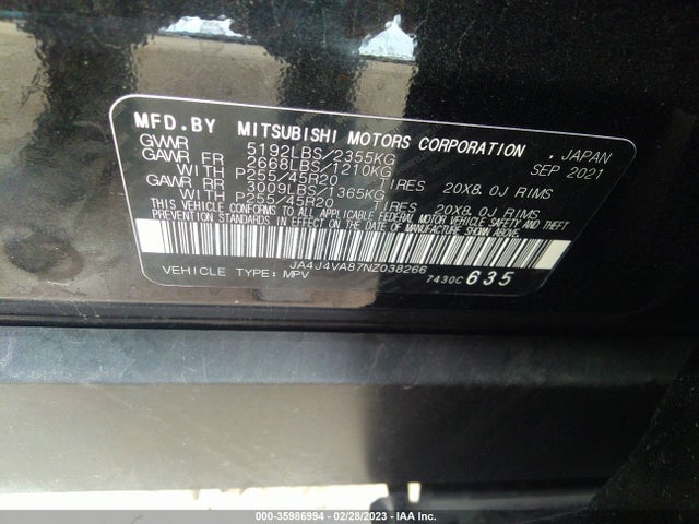 JA4J4VA87NZ038266 Mitsubishi Outlander Sel