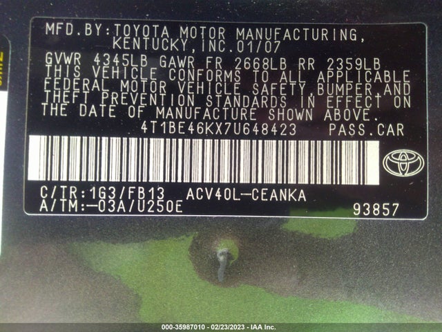 2007 TOYOTA CAMRY CE/LE/SE/XLE VIN: 4T1BE46KX7U648423