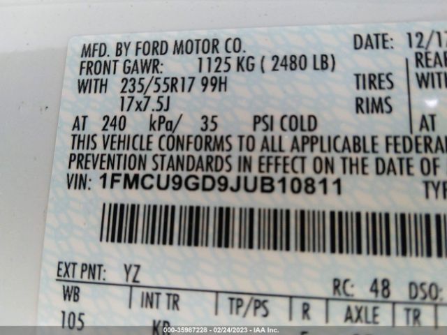1FMCU9GD9JUB10811 Ford ESCAPE SE