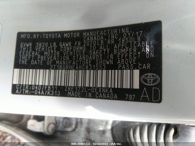 2017 TOYOTA COROLLA L/LE/XLE/SE VIN: 2T1BURHE4HC831553