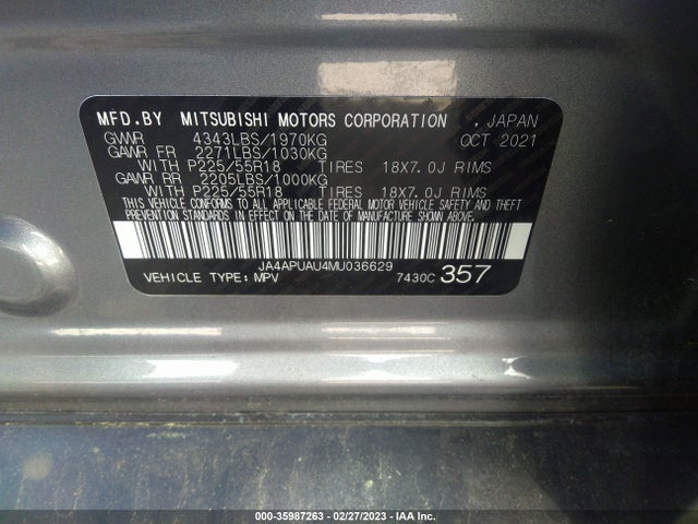 2021 MITSUBISHI OUTLANDER SPORT ES/LE/BE/S VIN: JA4APUAU4MU036629