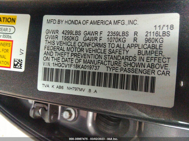 2019 HONDA ACCORD SEDAN LX 1.5T VIN: 1HGCV1F18KA019737