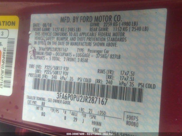 2018 Ford Fusion, VIN: 3FA6P0PU2JR287167