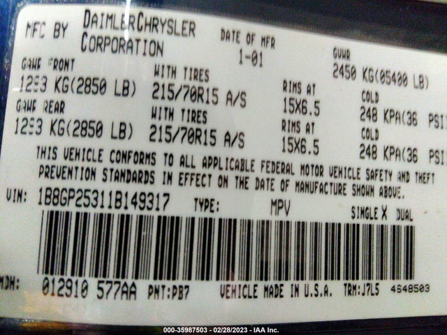 Dodge Caravan 2001 1B8GP25311B149317 Image 10