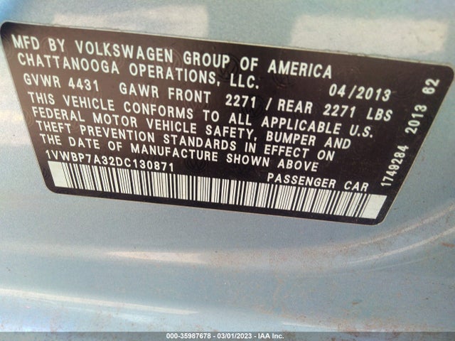 2013 VOLKSWAGEN PASSAT SE VIN: 1VWBP7A32DC130871