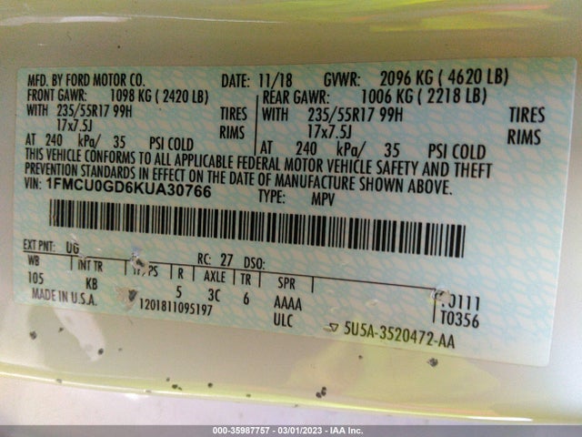 2019 Ford Escape, VIN: 1FMCU0GD6KUA30766
