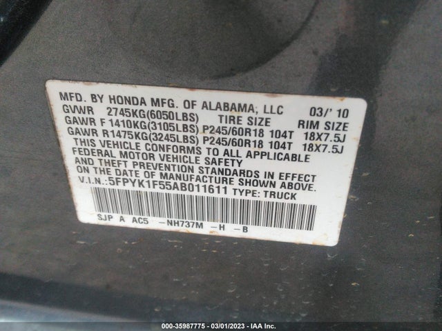 2010 HONDA RIDGELINE RTL VIN: 5FPYK1F55AB011611