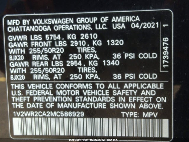 2021 Volkswagen Atlas, VIN: 1V2WR2CA2MC586929