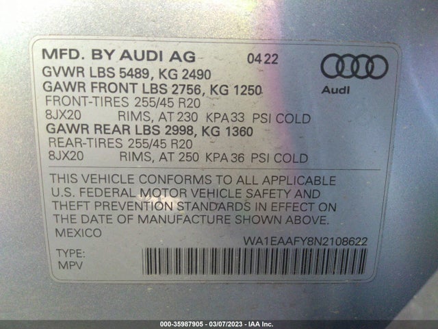 2022 Audi Q5, VIN: WA1EAAFY8N2108622