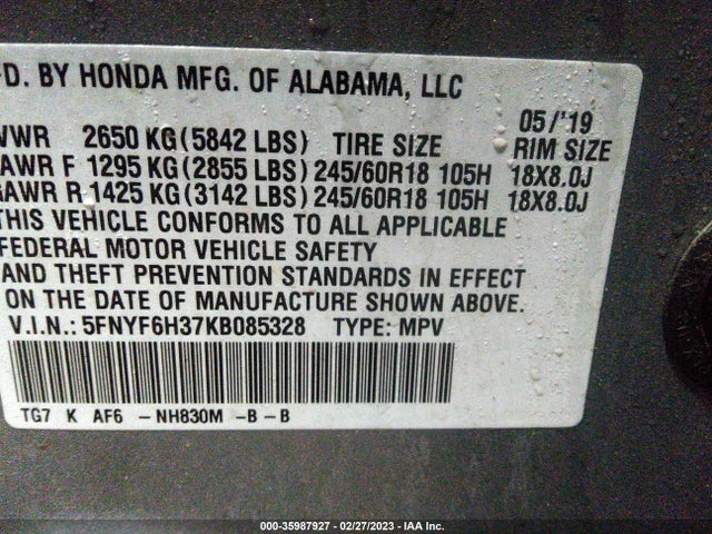 2019 HONDA PILOT EX VIN: 5FNYF6H37KB085328