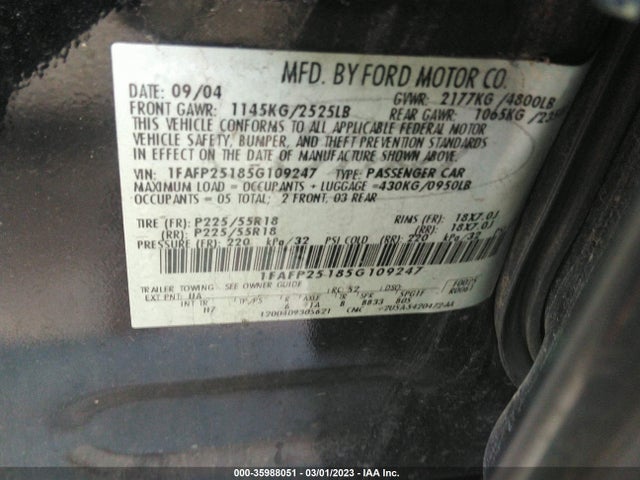 2005 FORD FIVE HUNDRED LIMITED VIN: 1FAFP25185G109247