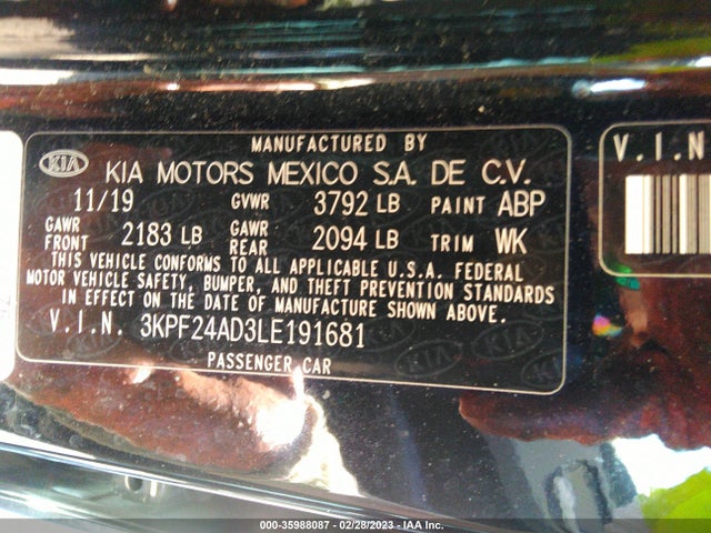 2020 KIA FORTE FE VIN: 3KPF24AD3LE191681