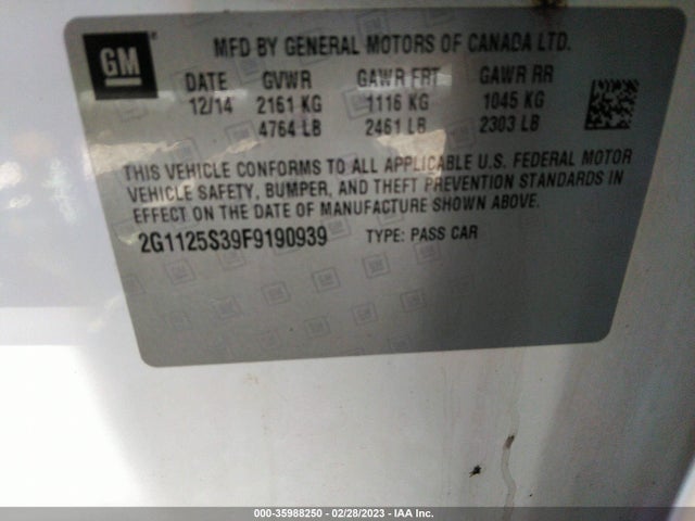 2015 CHEVROLET IMPALA LT VIN: 2G1125S39F9190939