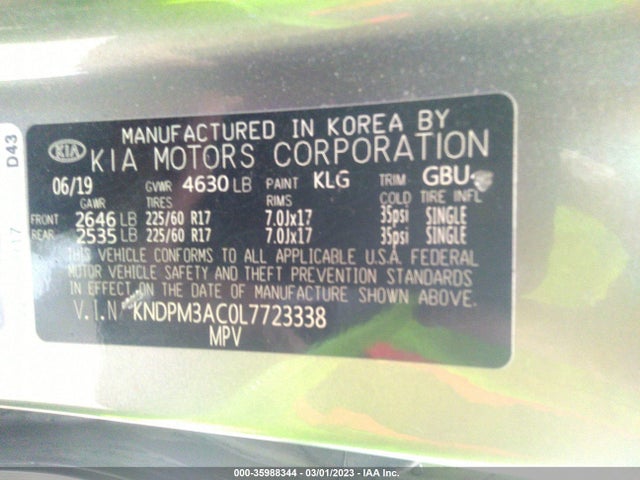 2020 KIA SPORTAGE LX VIN: KNDPM3AC0L7723338