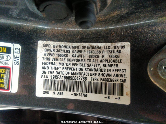 2009 HONDA CIVIC SDN LX VIN: 19XFA16569E042788
