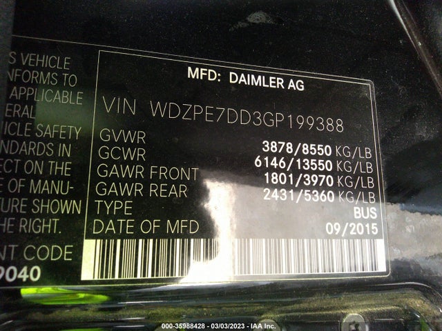 35988428 :رقم المزاد ، WDZPE7DD3GP199388 vin ، 2016 Mercedes-benz Sprinter Passenger Vans مزاد بيع