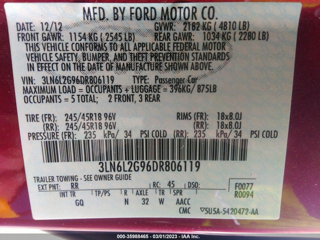 Lincoln MKZ 2013 3LN6L2G96DR806119 Image 9