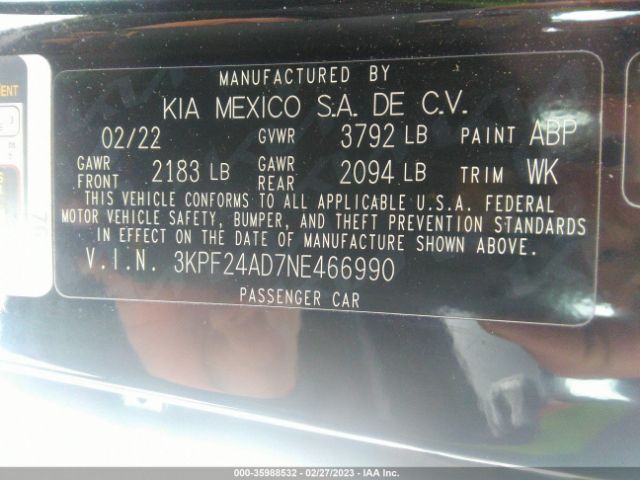 3KPF24AD7NE466990 KIA Forte Lxs