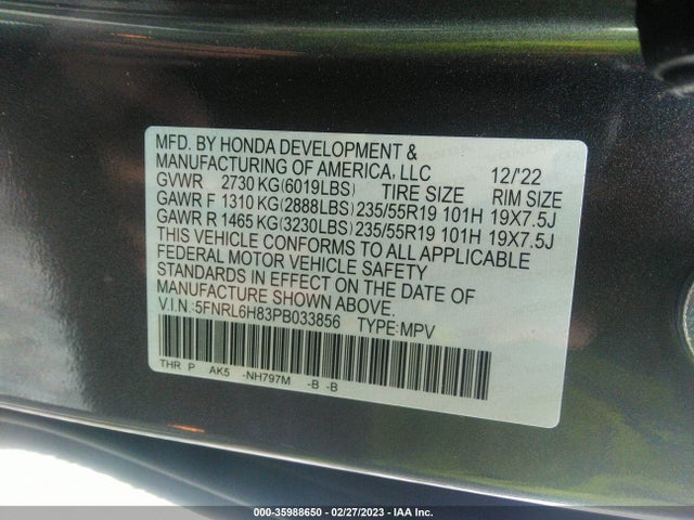 2023 HONDA ODYSSEY TOURING VIN: 5FNRL6H83PB033856