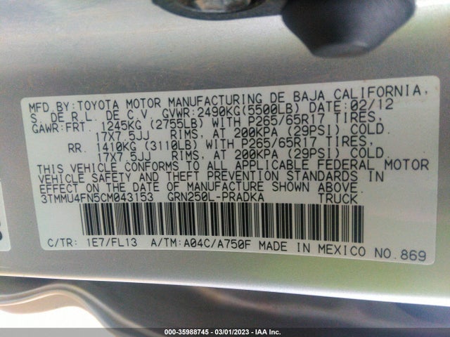 2012 TOYOTA TACOMA VIN: 3TMMU4FN5CM043153