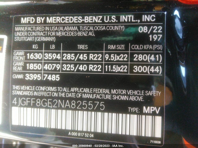 2022 Mercedes-Benz GLS-Class, VIN: 4JGFF8GE2NA825575